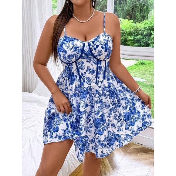 Shein Curve Babydoll Dress Floral Print Bustier Accents Blue‎ White 2XL - Picture 1 of 4